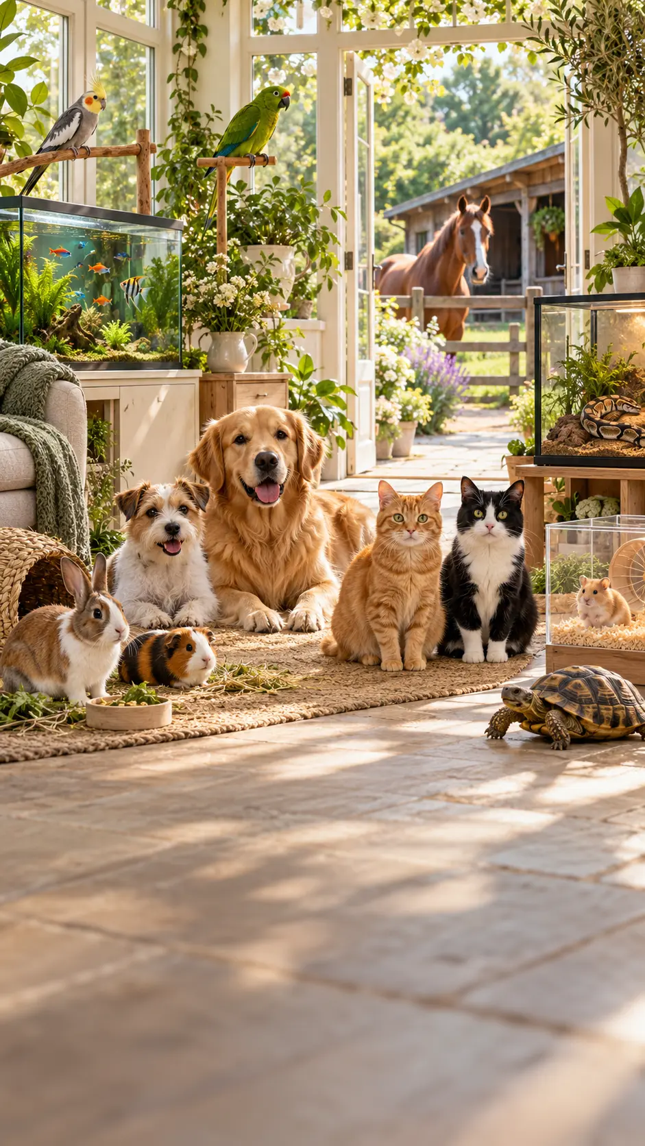 Dogs, cats, birds, fish, rabbits, guinea pigs, hamsters, tortoise, snake and horse gathered in a sunny conservatory